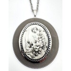 Vintage Rita Watson Necklace Hand Painted Porcelain Mesh Silver Tone Gothic
